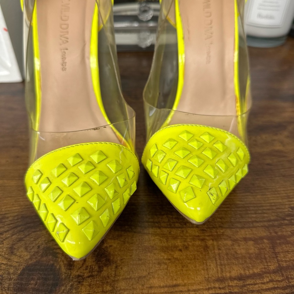 Wild Diva Neon Lime Studded Clear Side Stiletto Heels - Picture 9 of 9